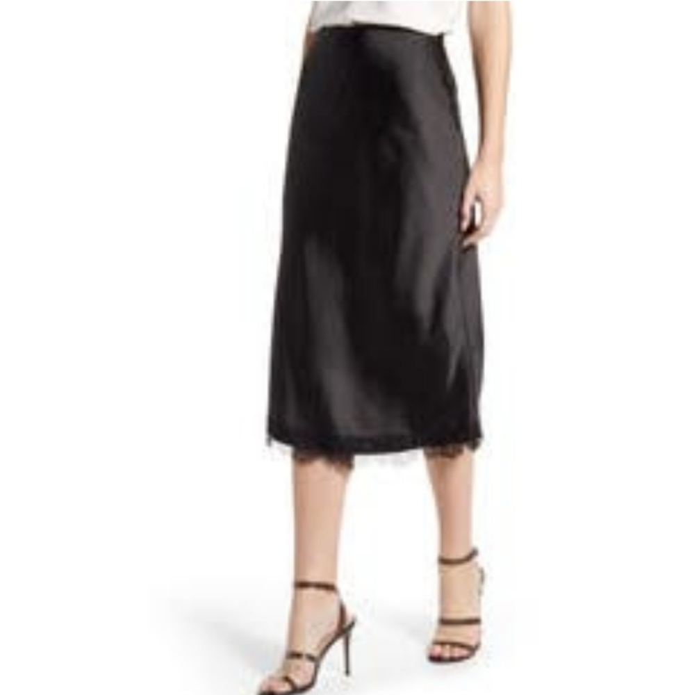 Cupcakes and Cashmere Indio Satin Midi Skirt – Black Bias-Cut Slip Style, Medium